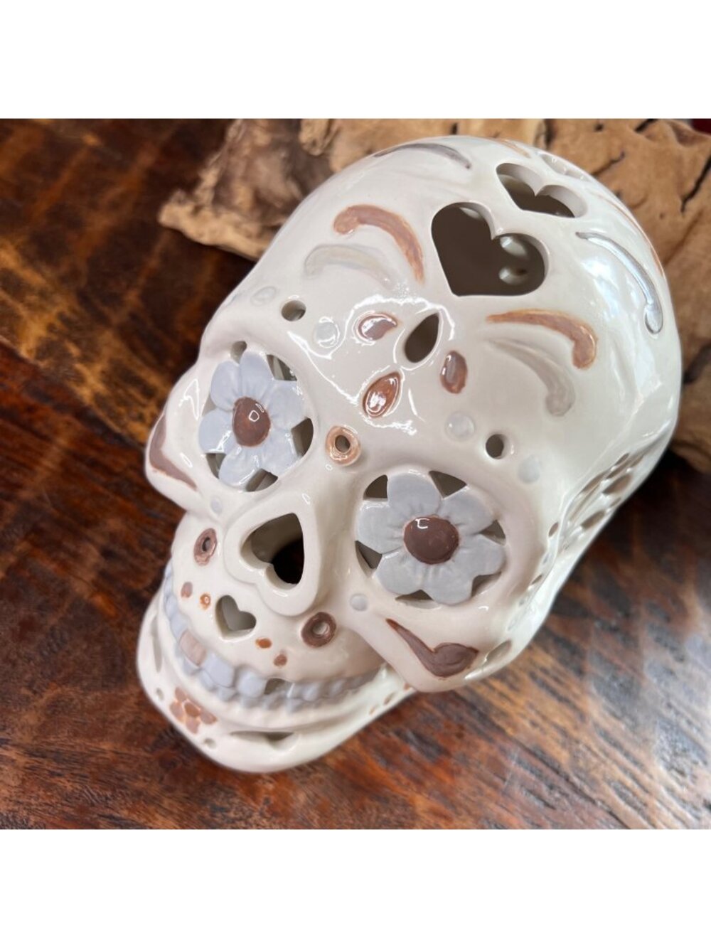 Hand-Painted Ceramic Skull Candle Holder With Floral & Heart Cutouts 6 Inches Cr